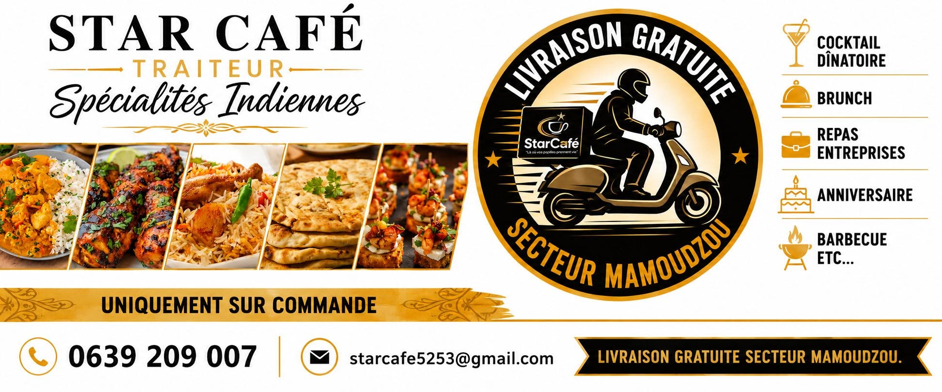 StarCafé Traiteur, spécialités indiennes : curry, poulet tandoori, biryani, naans et bouchées. Uniquement sur commande, livraison secteur Mamoudzou.